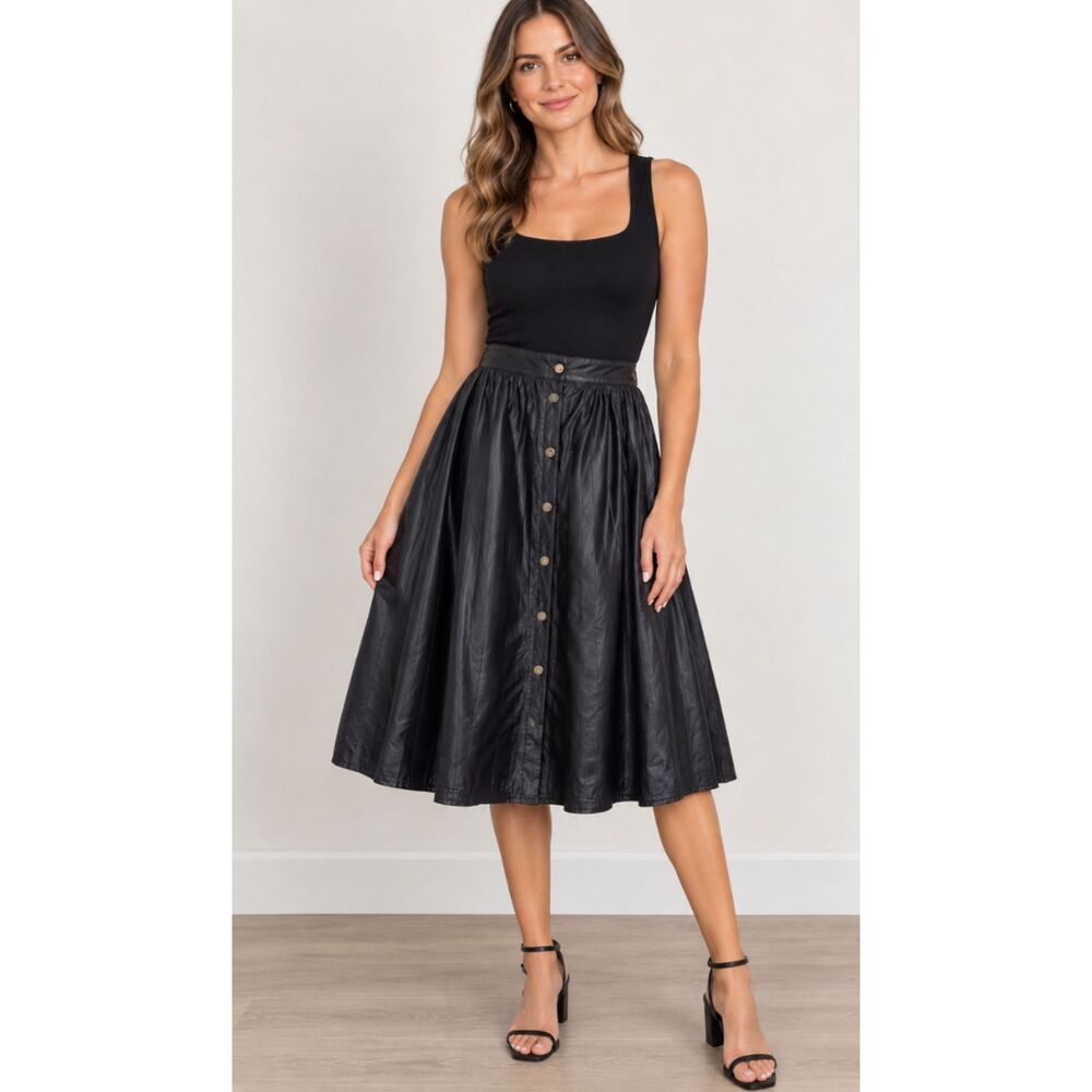 New Zara Faux Leather Pleated Button Up Midi Skirt Women's Size Medium